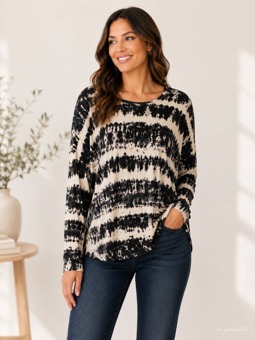 FIFTEEN TWENTY Black Cream Tie Dye Long Sleeve High Low Top Womens M